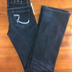 Rock & Republic Blue Jeans 27 LONG, embroidered pockets NWT Flare Mob Wife